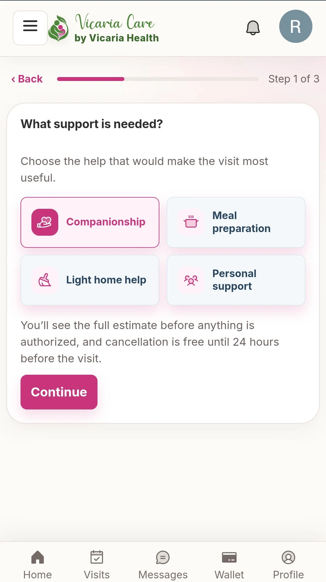 Vicaria Care app showing a request for companionship, meal preparation, light home help, or personal support