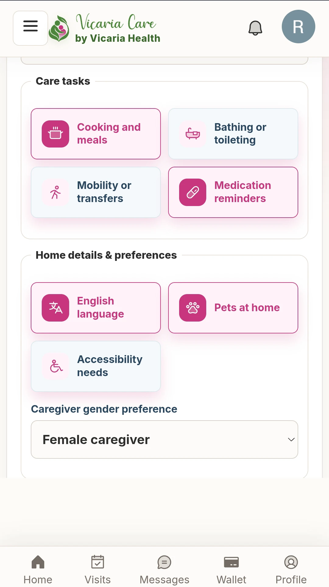 Vicaria Care app showing care tasks and home preferences