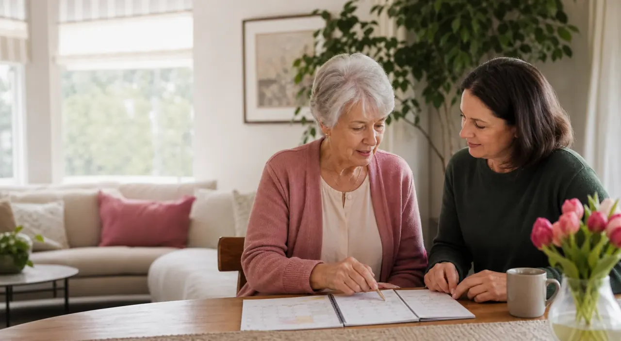 An older adult reviewing a weekly calendar with a caregiver at home
